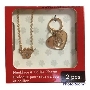 Pet & Me Gold Pawprint Necklace & Collar Charm Set NWT